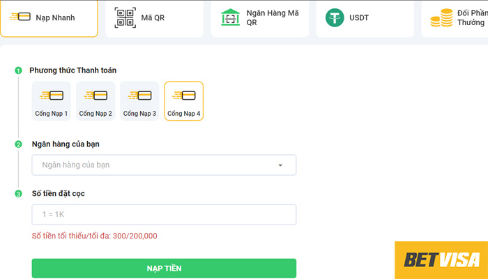 cách nạp tiền vào BetVisa đơn giản